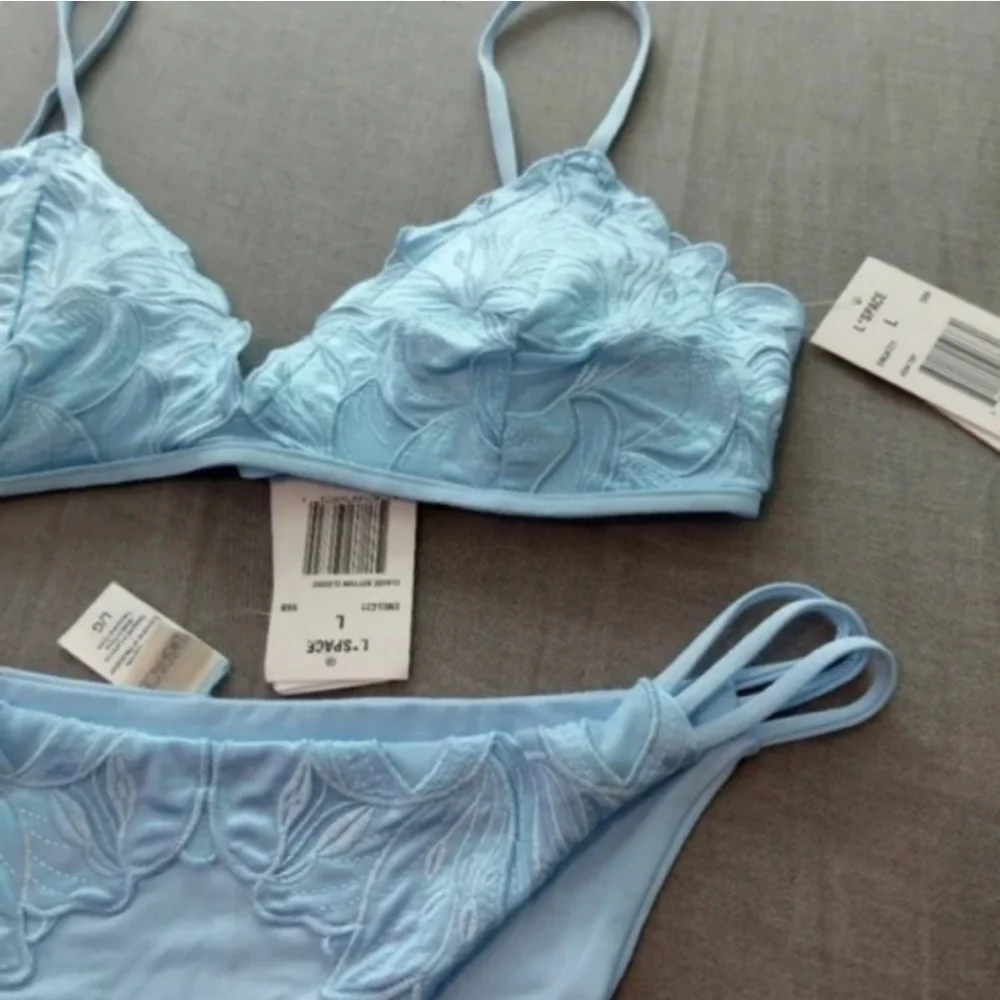 L*Space Jean Top Claude Bottoms Bikini Blue Full Set Satin